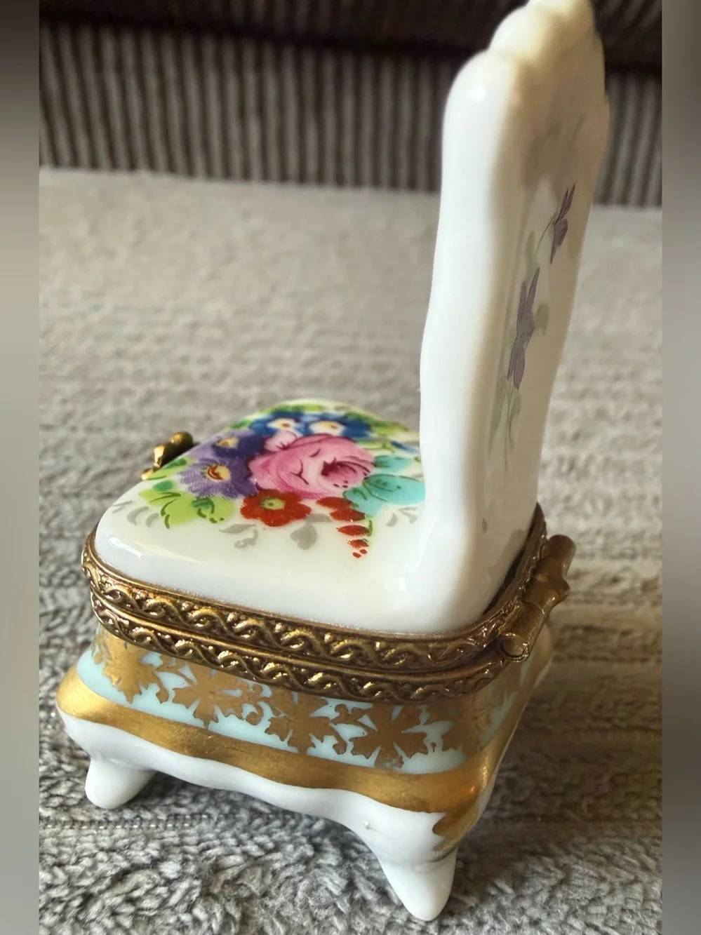 VTG Handpainted Jewelry Limoges France Chair Trinket Box Roses Floral Porcelain